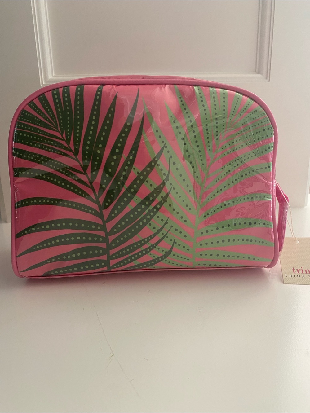 Trina Turk Pink Cosmetic Bag with Green Palm Print